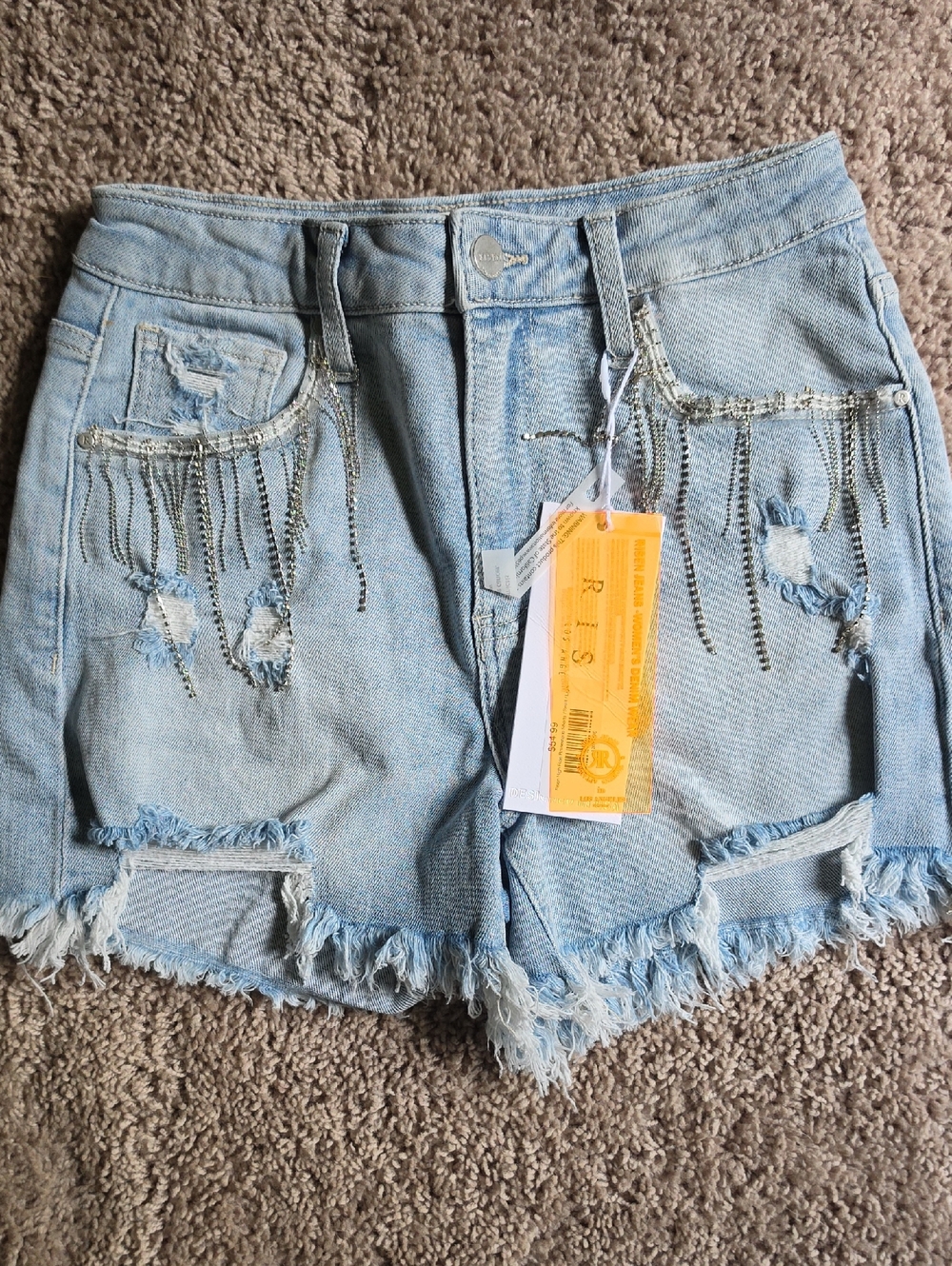 Risen Light Blue Distressed Denim Shorts with Chain Fringe Size Small NWT
